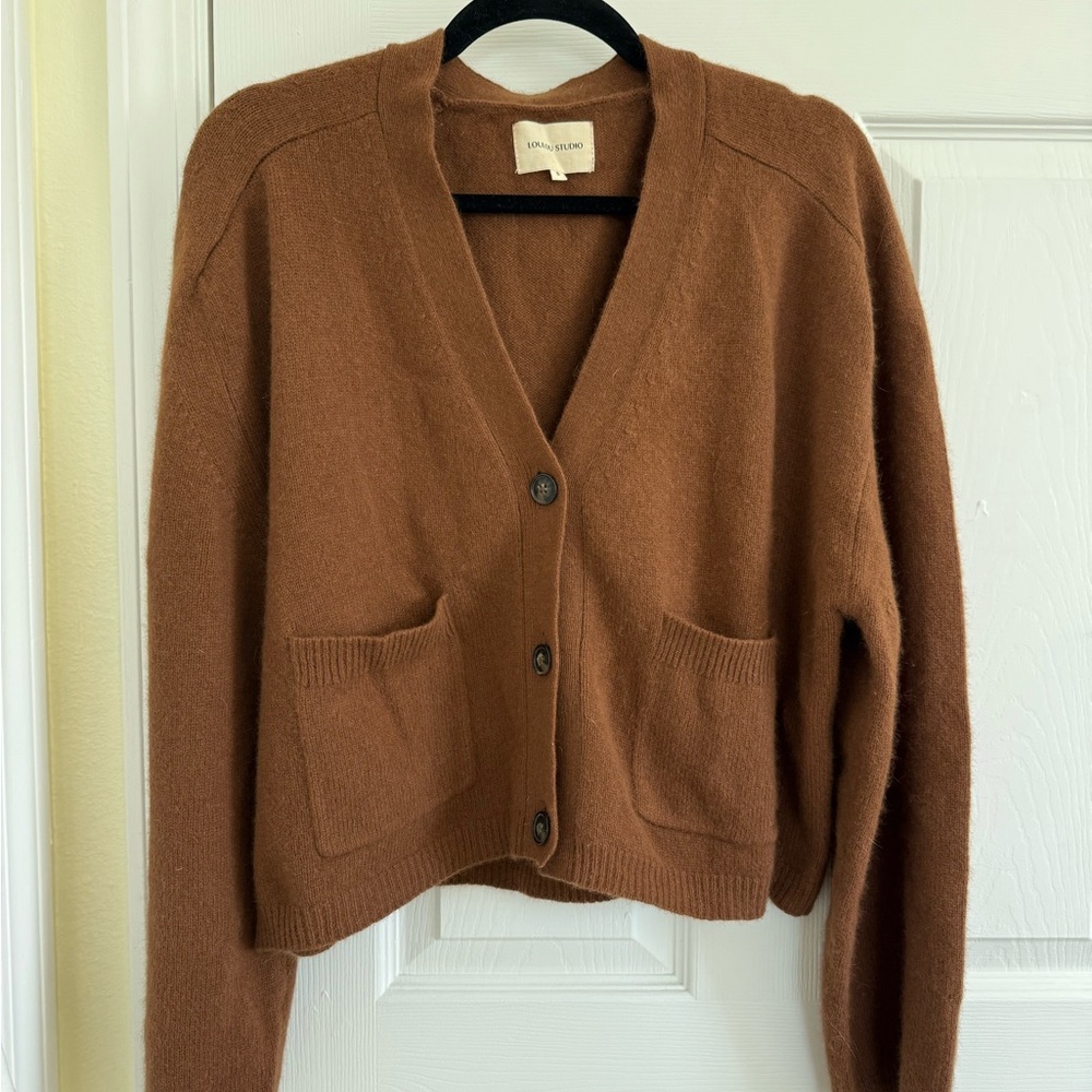 Loulou Studio Chestnut Brown V-Neck Button Cardigan